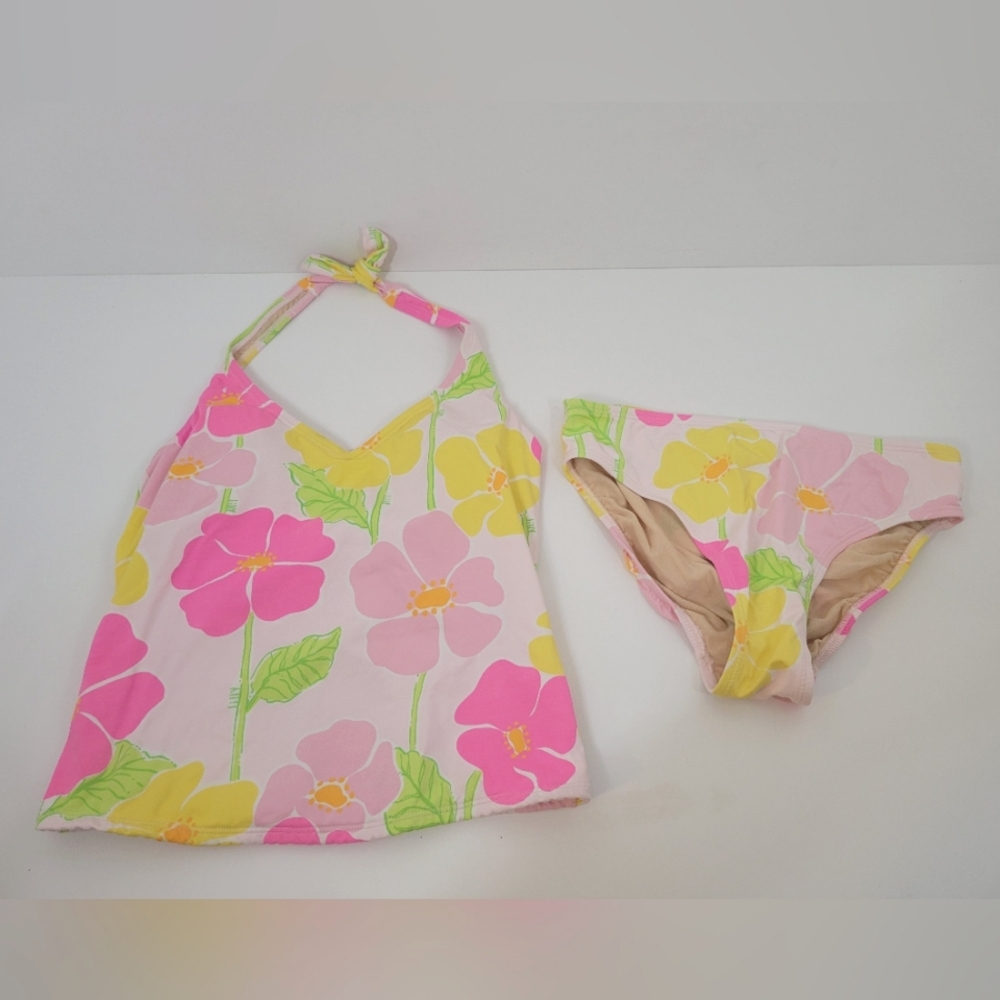 Lilly Pulitzer Pink Yellow Floral Print Halter Tankini Bathing Suit Size 4